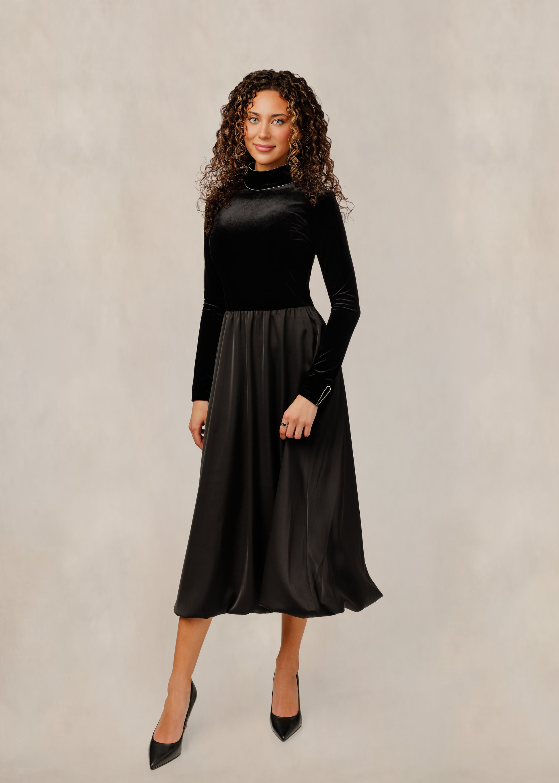 Black Velvet Bodice Satin Dress W/ Embellished Mock Neck