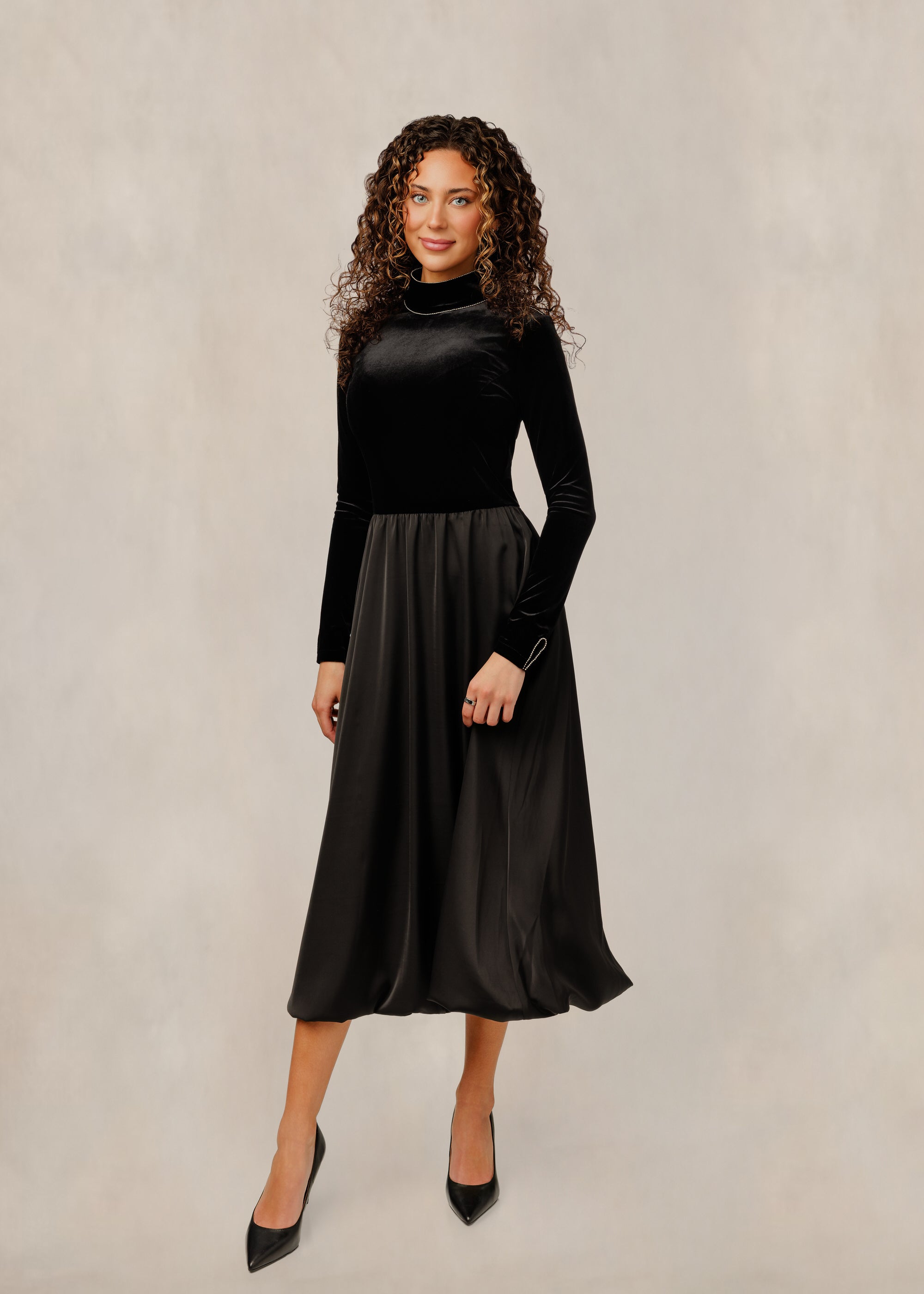 Black Velvet Bodice Satin Dress W/ Embellished Mock Neck