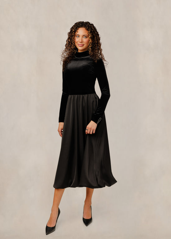 Black Velvet Bodice Satin Dress W/ Embellished Mock Neck