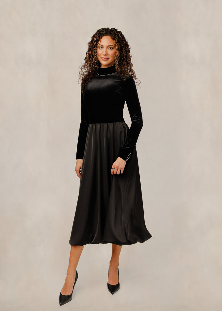 Black Velvet Bodice Satin Dress W/ Embellished Mock Neck
