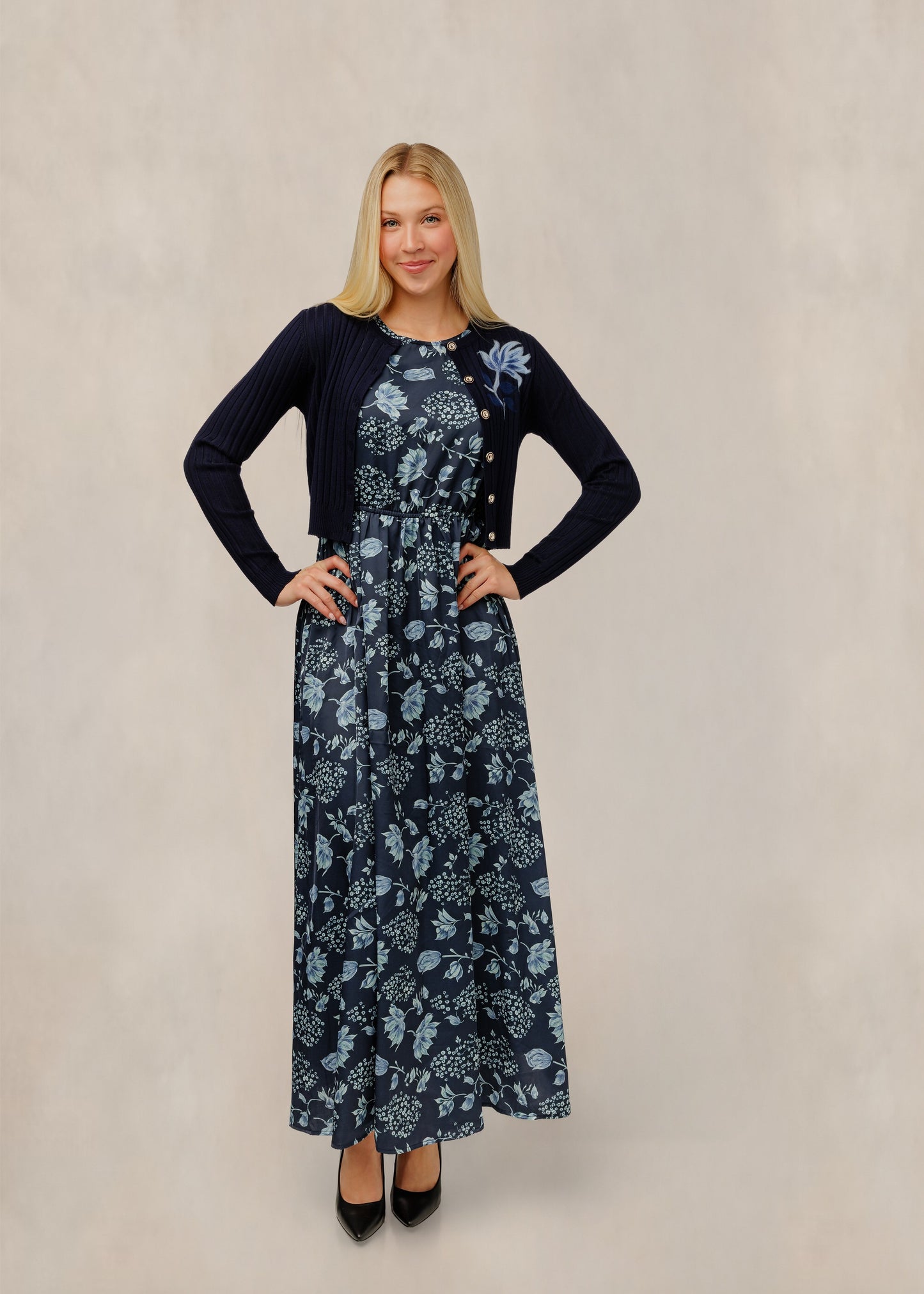 Navy And Blue Floral Dress W/ Embroidered Overlay