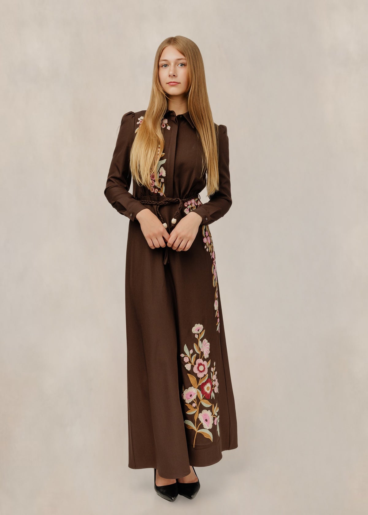 Embroidered Floral Dress W/ Braided Belt - Brown