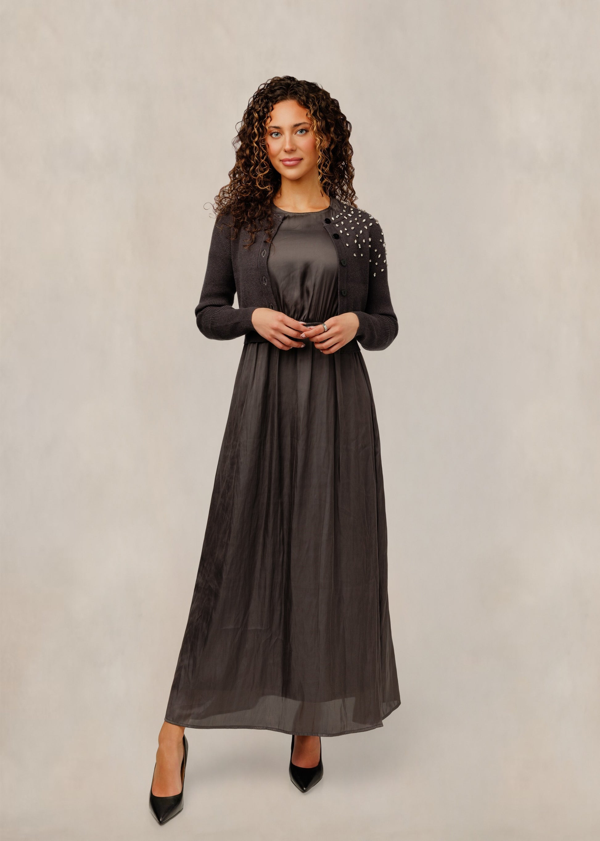 Satin Dress W/ Studded Overlay - Charcoal