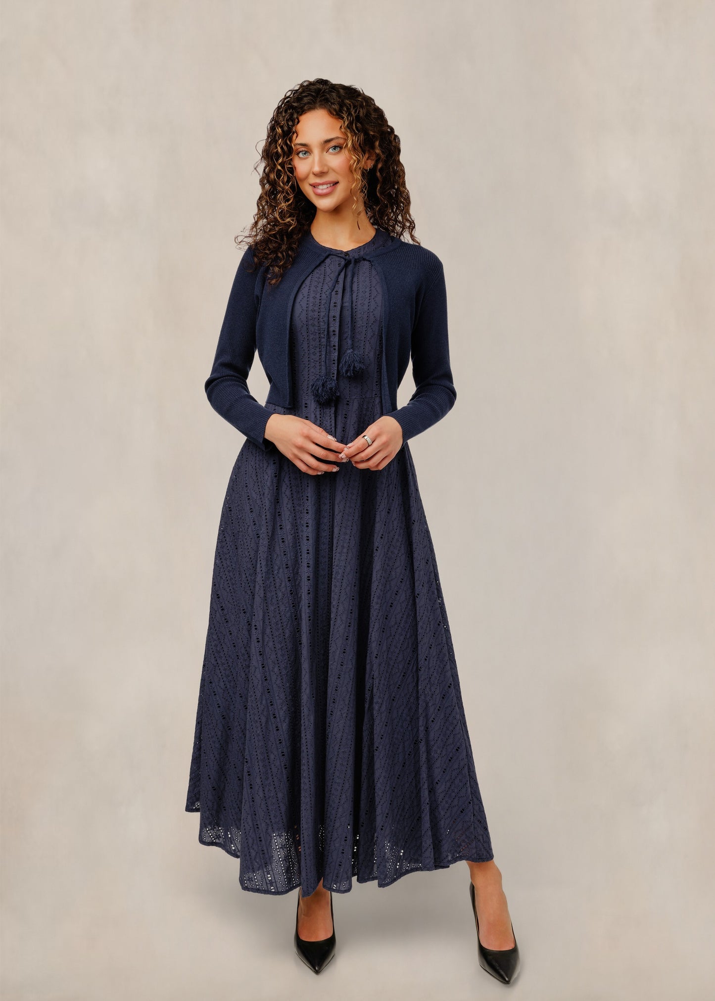 Navy Eyelet Dress W/ Pom-Pom Tie-Neck Overlay