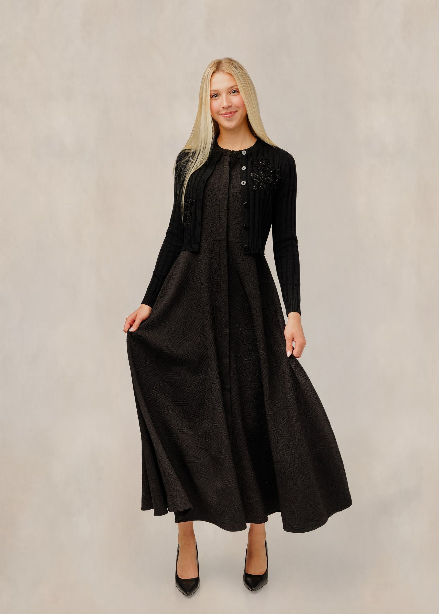 Black Textured Dress W/ Ribbed Overlay