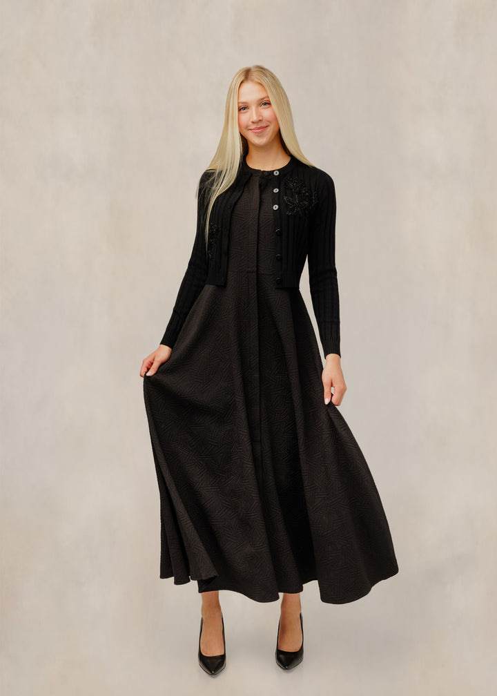 Black Textured Dress W/ Ribbed Overlay