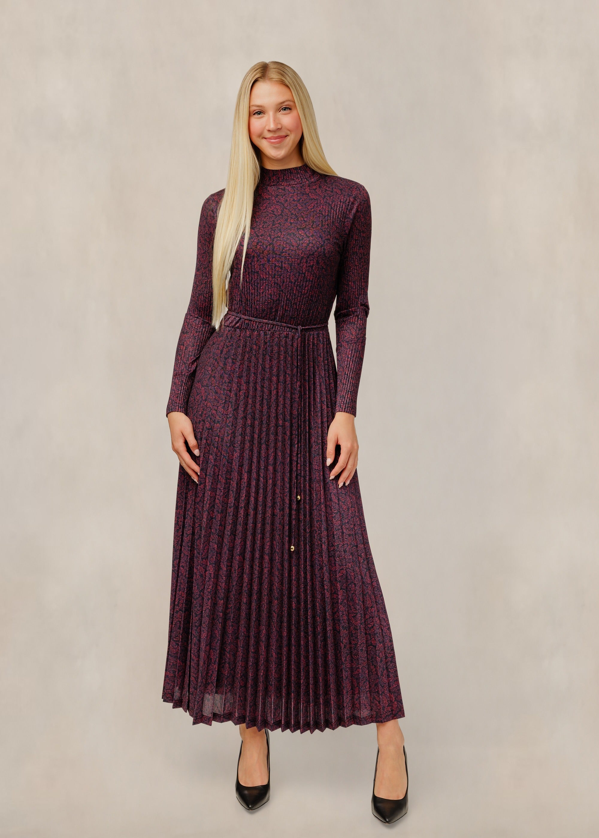 Burgundy Floral Mock Neck Pleated Dress