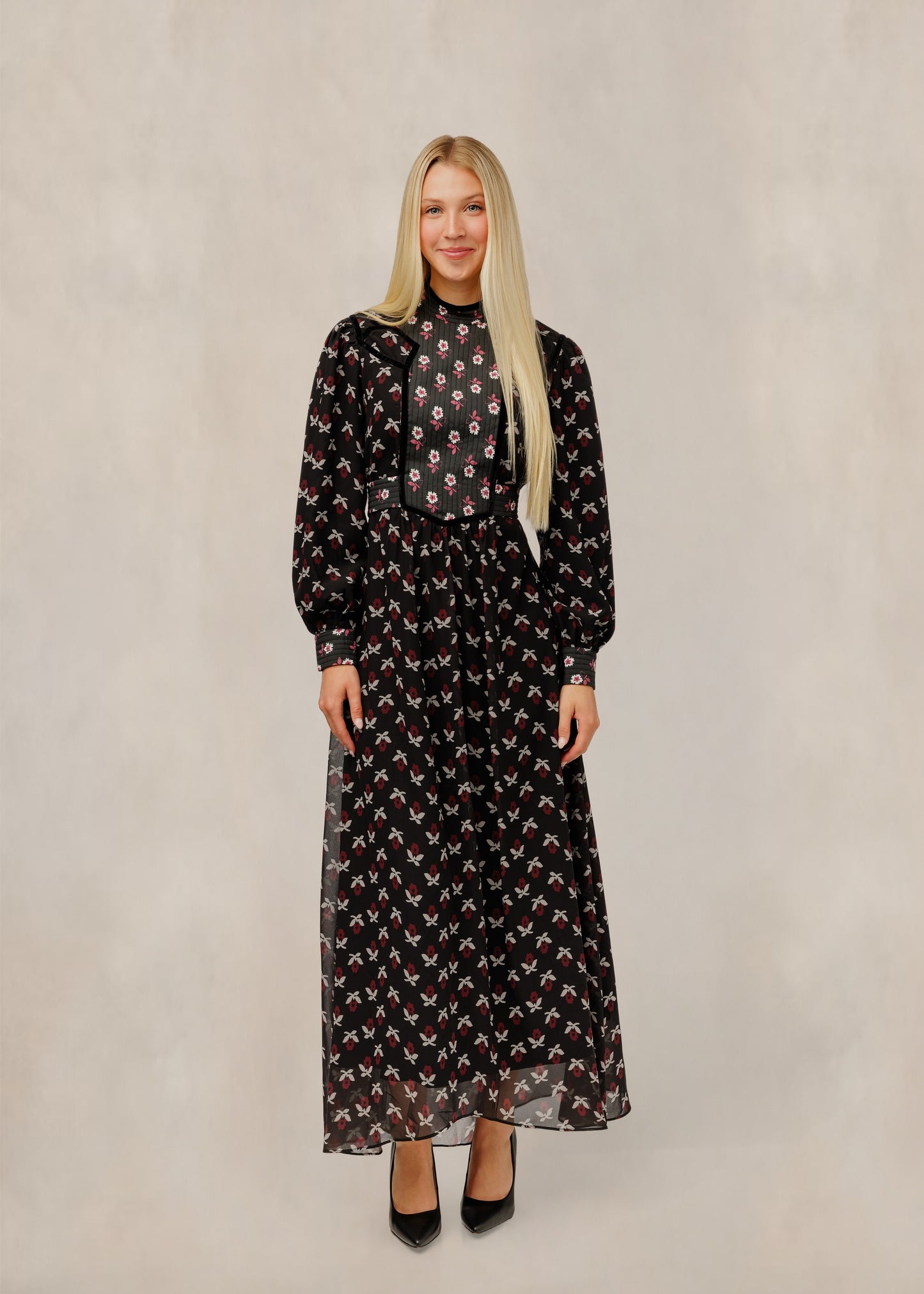 Pink Flower Printed Black Mesh Dress