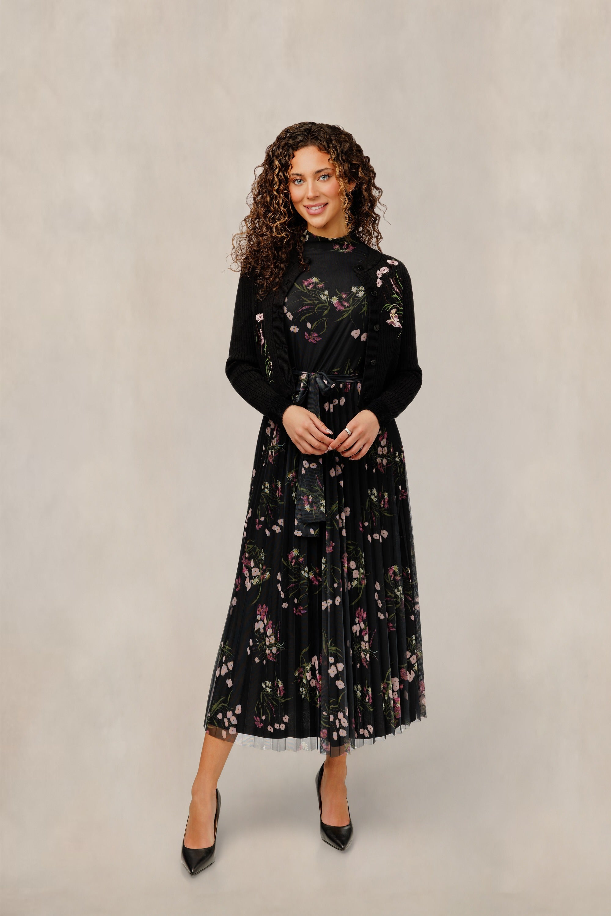 Floral Mock Neck Mesh Dress W/ Embroidered Cardigan