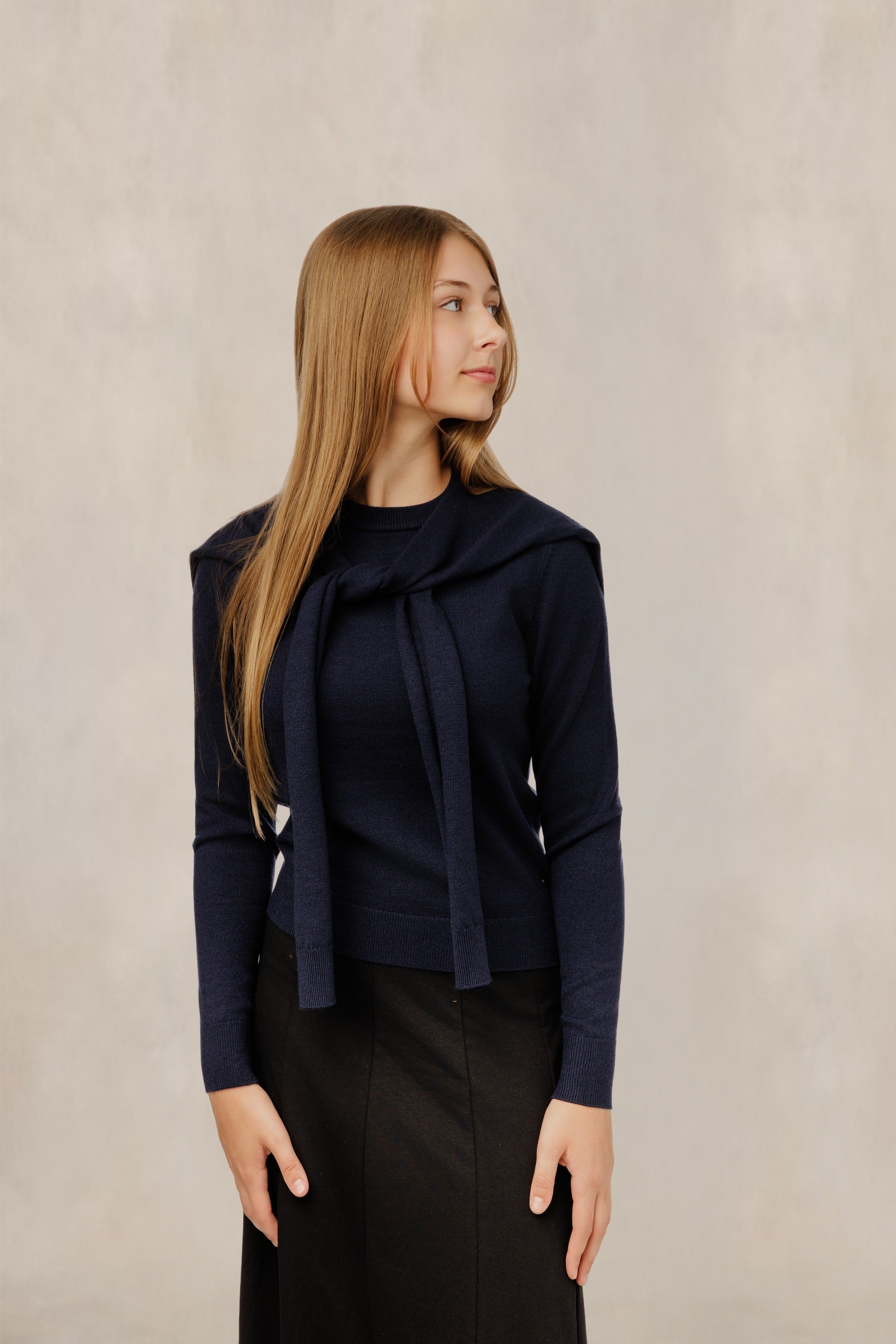 Navy Scarf Detail Knit Top