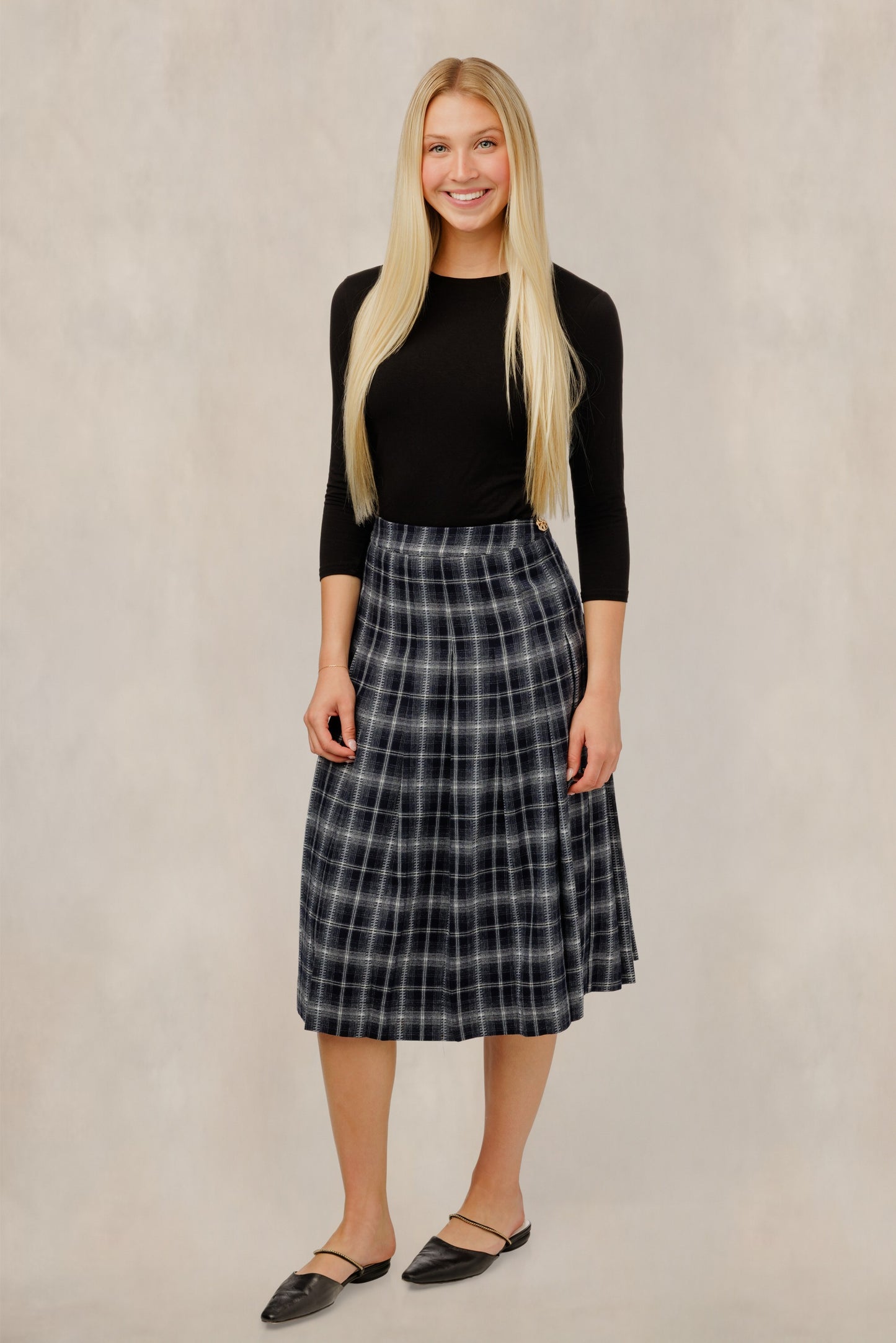 Plaid Midi Skirt - Navy