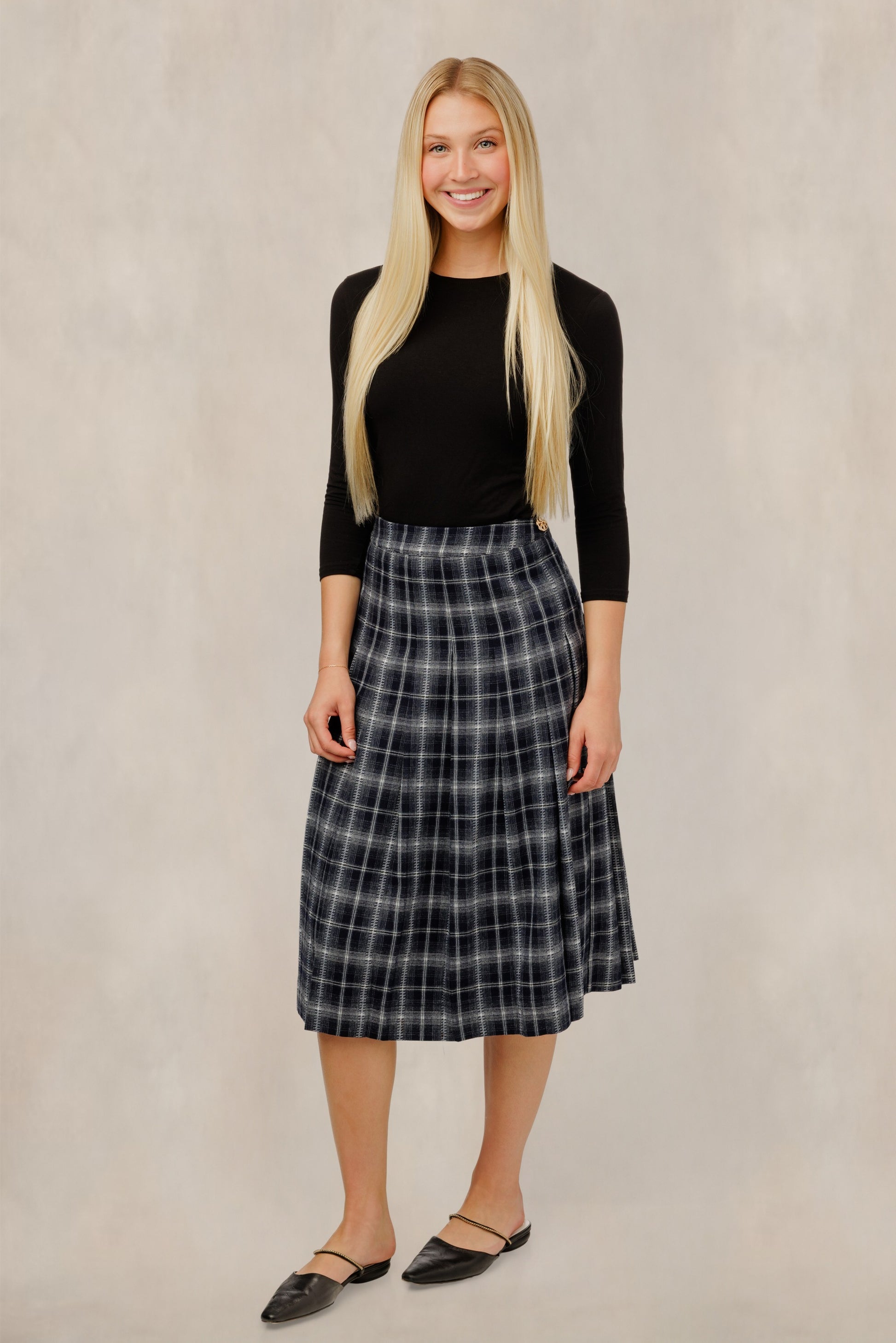 Plaid Midi Skirt - Navy