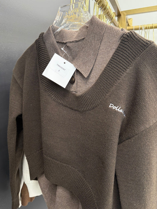 Brown Double Layer Sweater With Collar