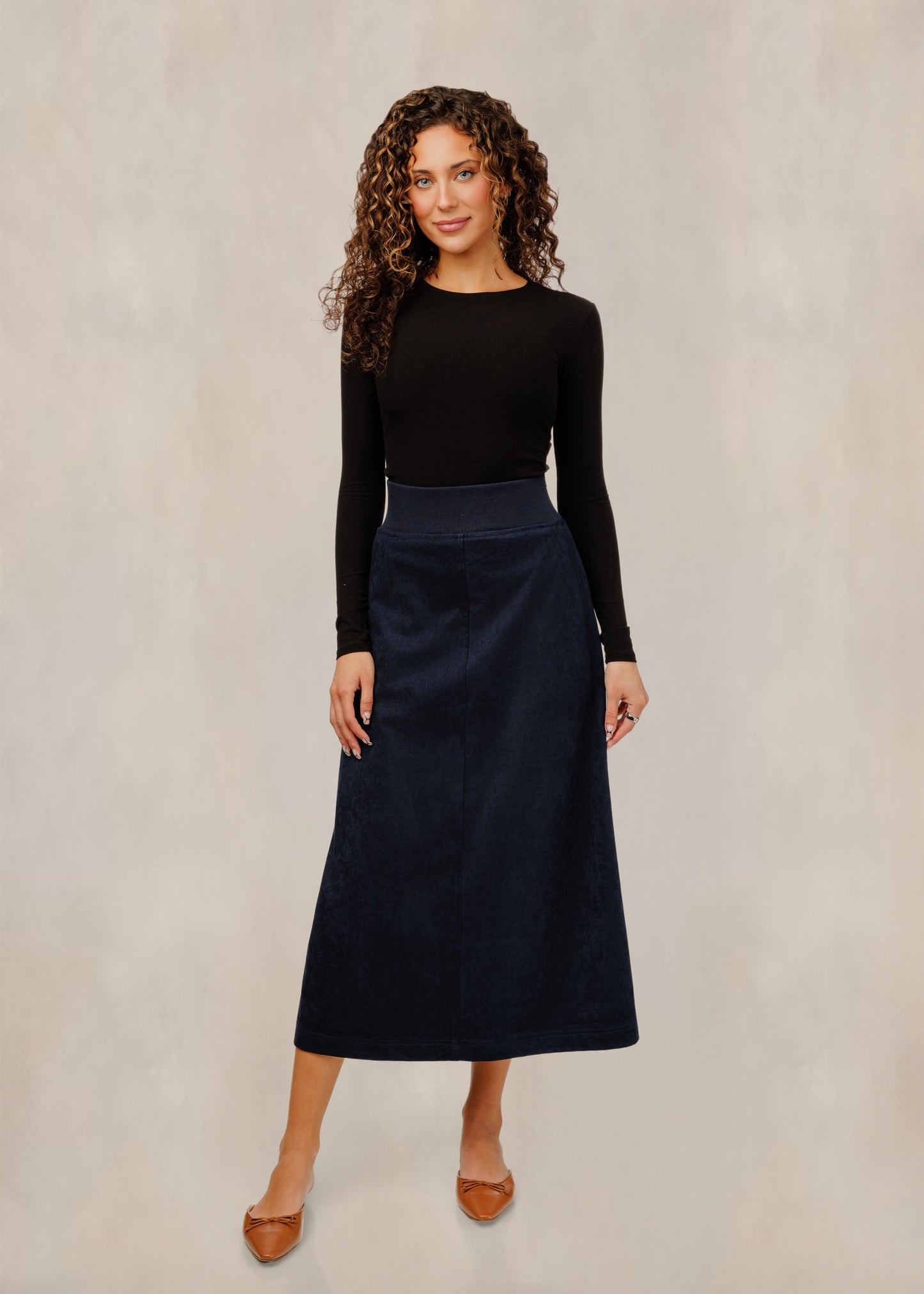 Suede Straight Midi Skirt - Navy