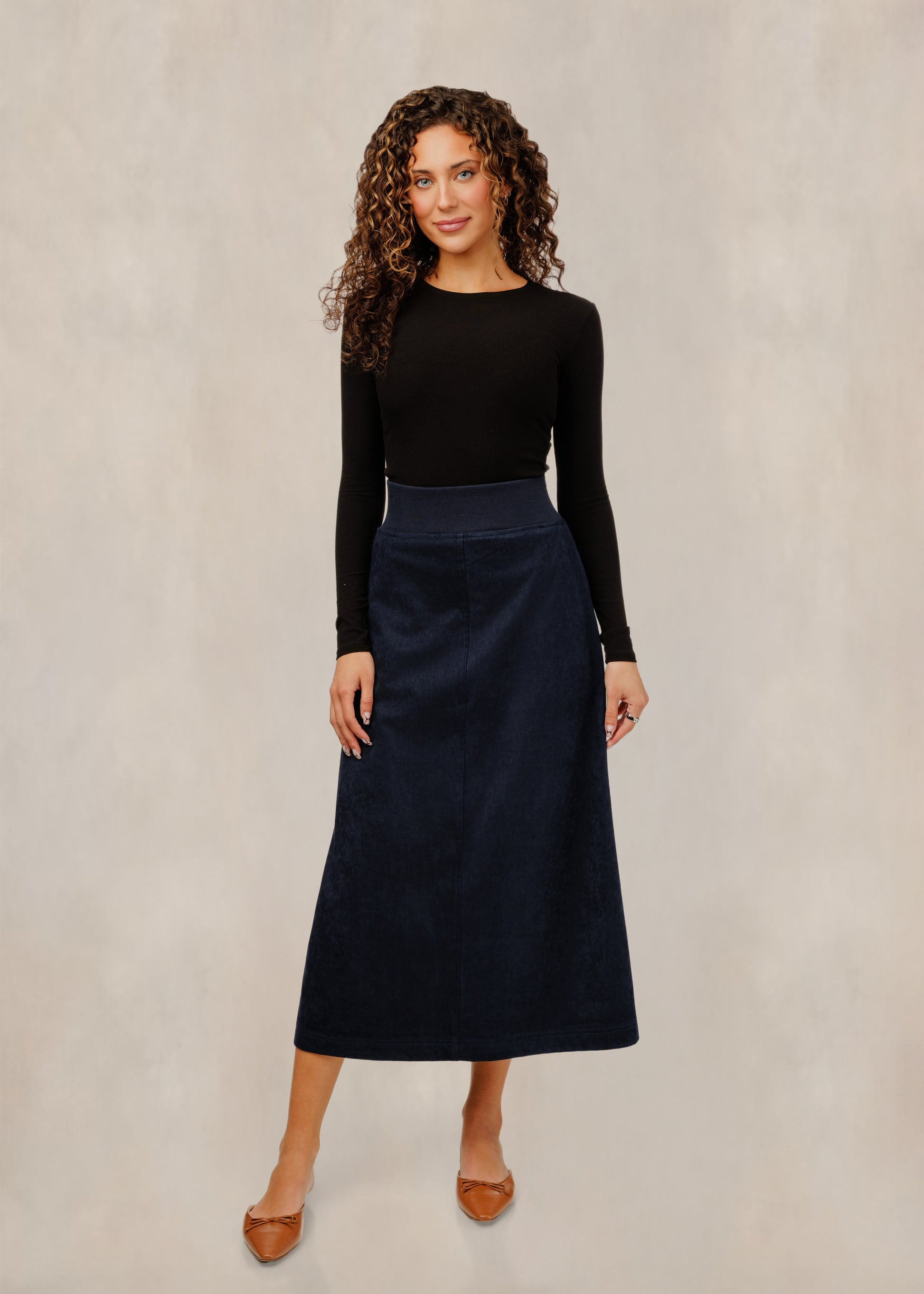 Suede Straight Midi Skirt - Navy