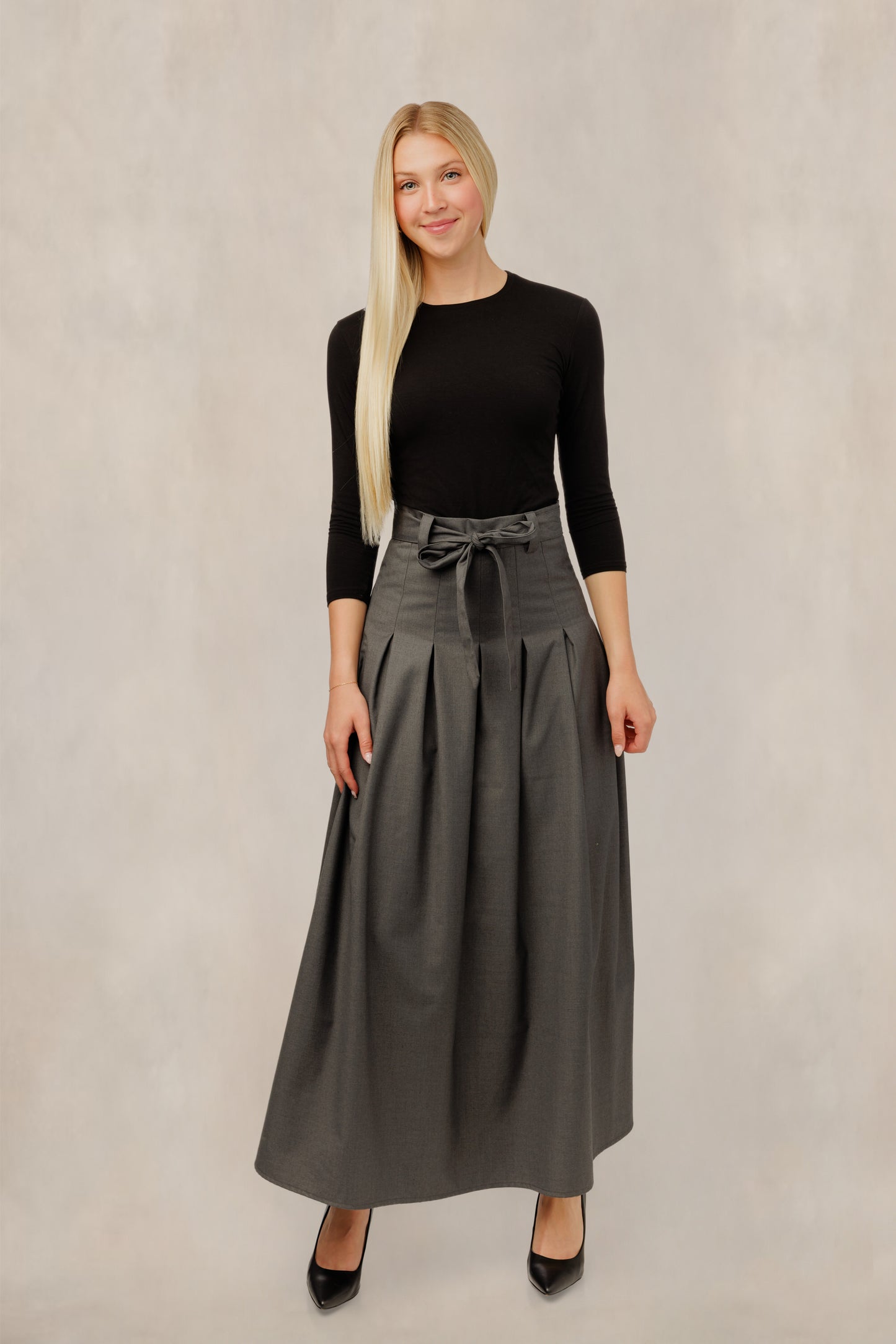 Pleated A-Line Tie Waist Skirt - Charcoal Grey