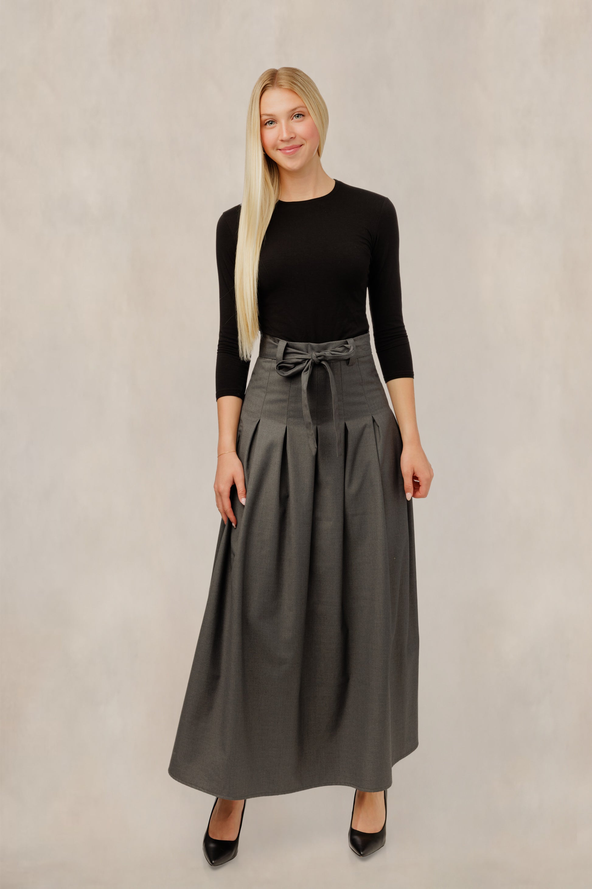 Pleated A-Line Tie Waist Skirt - Charcoal Grey