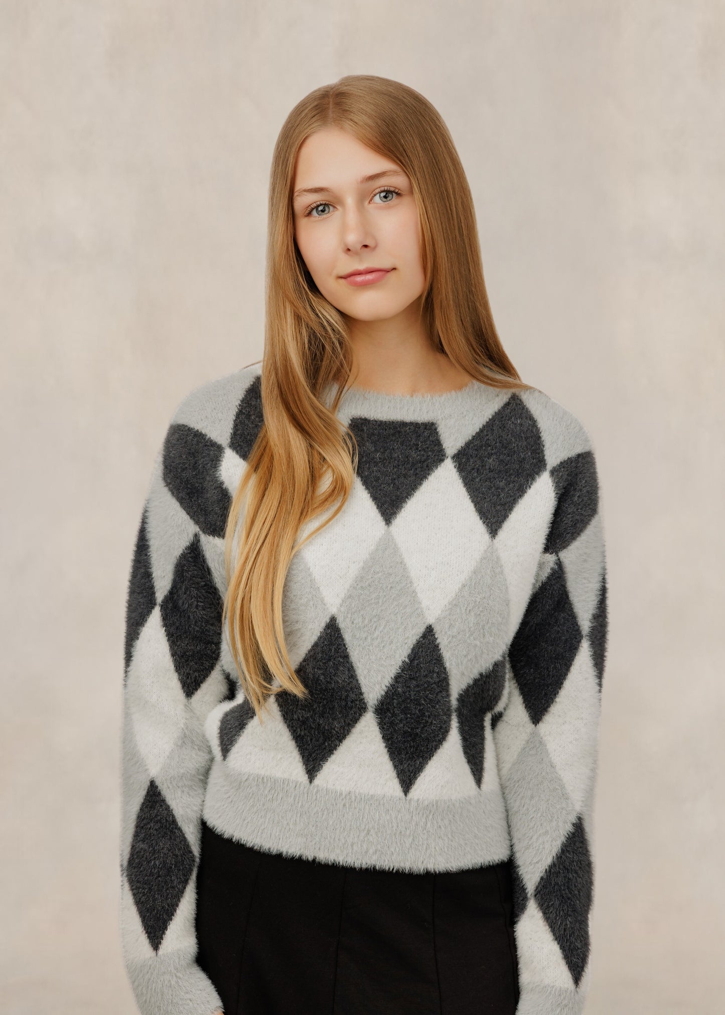 Soft Grey & Black Argyle Knit Sweater
