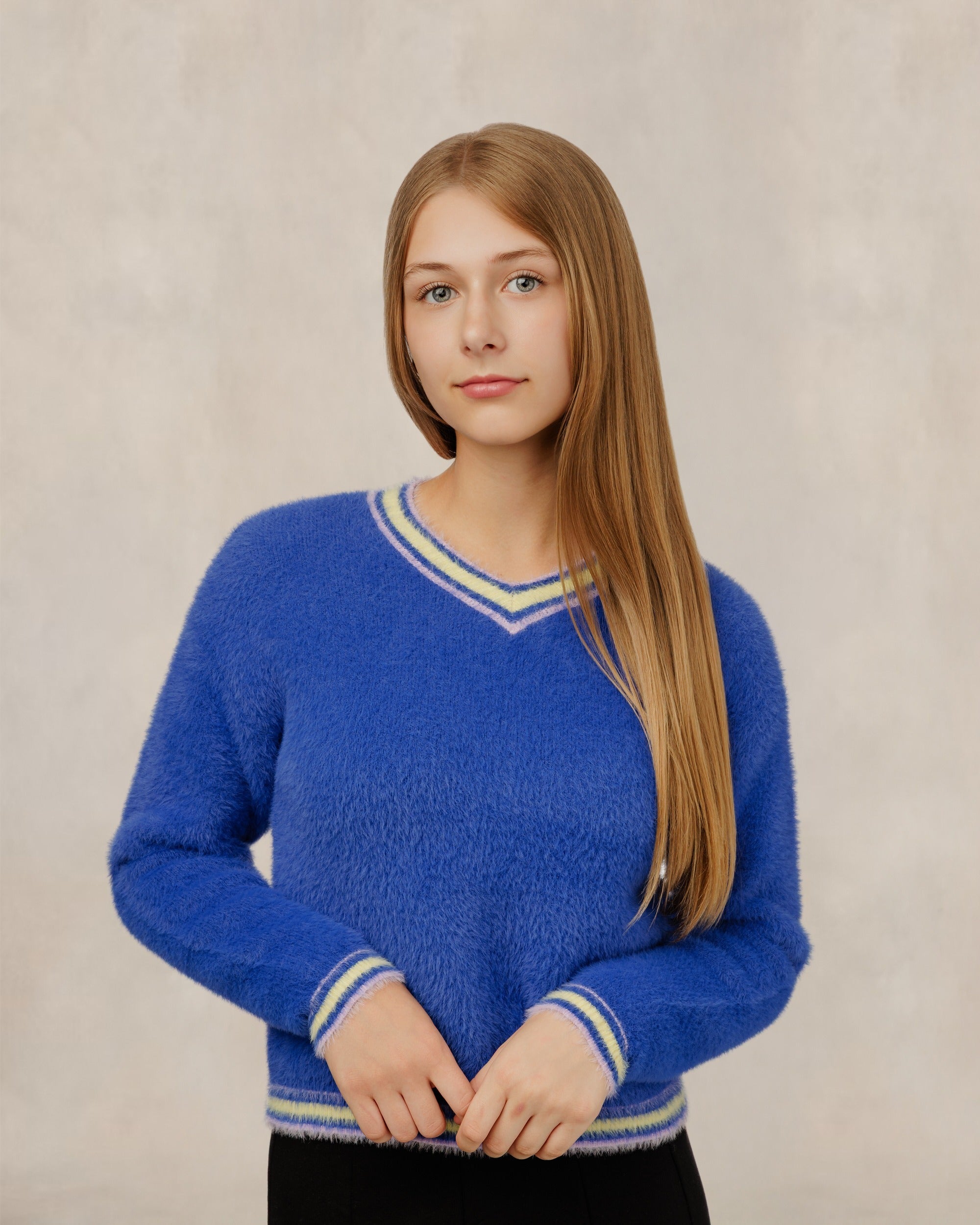 Soft Blue V-Neck Sweater W/ Striped Trim