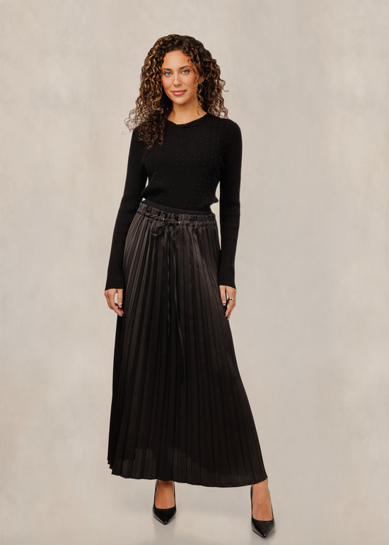 Black Drawstring Pleated Satin Skirt