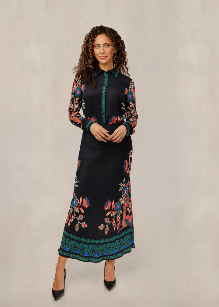 Floral Print Black Satin Skirt