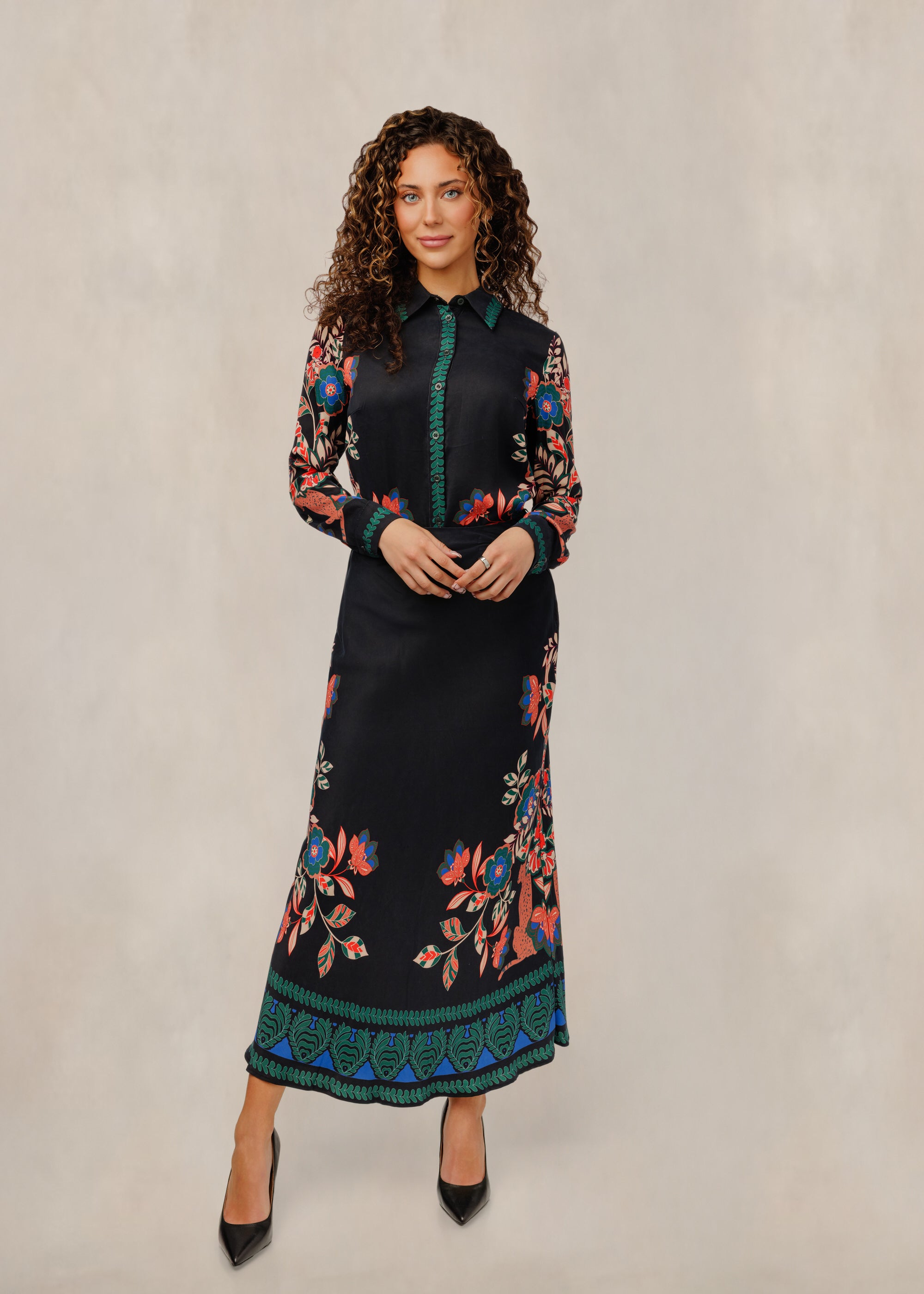 Floral Print Black Satin Blouse