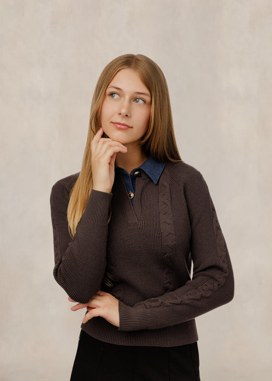 Cable Knit Denim Collar Sweater - Brown