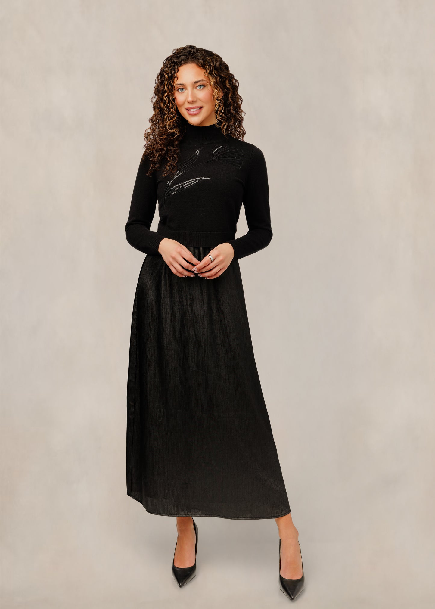 Black Sequinned Flower Overlay Dress