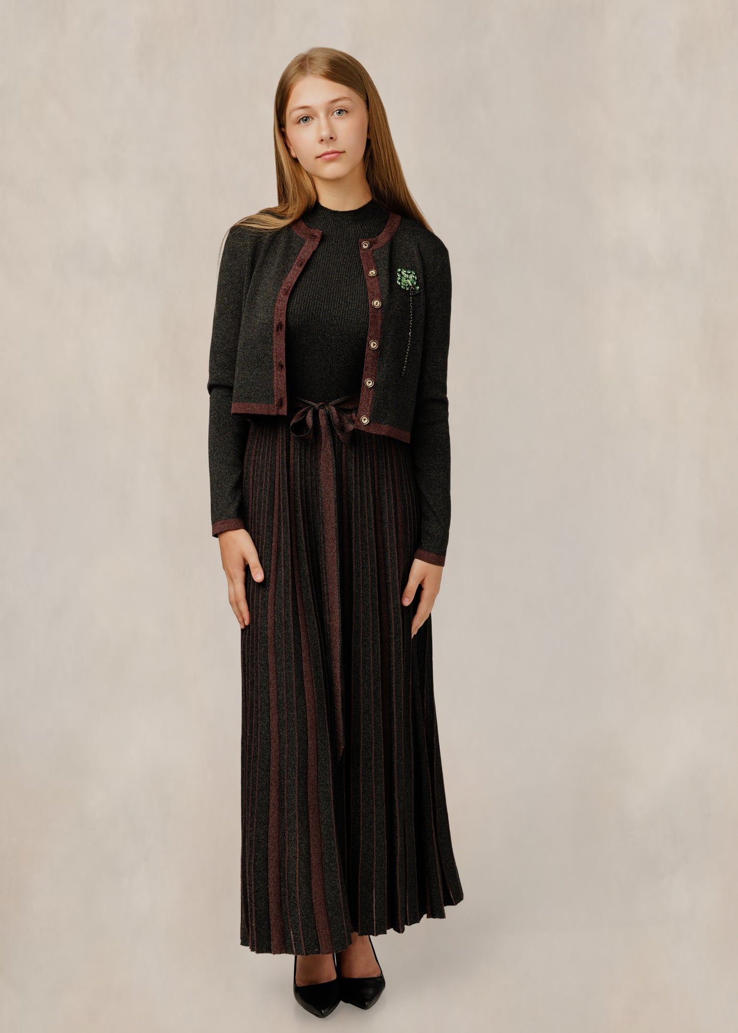 Pleated Knit Dress W/ Contrast Trim Cardigan