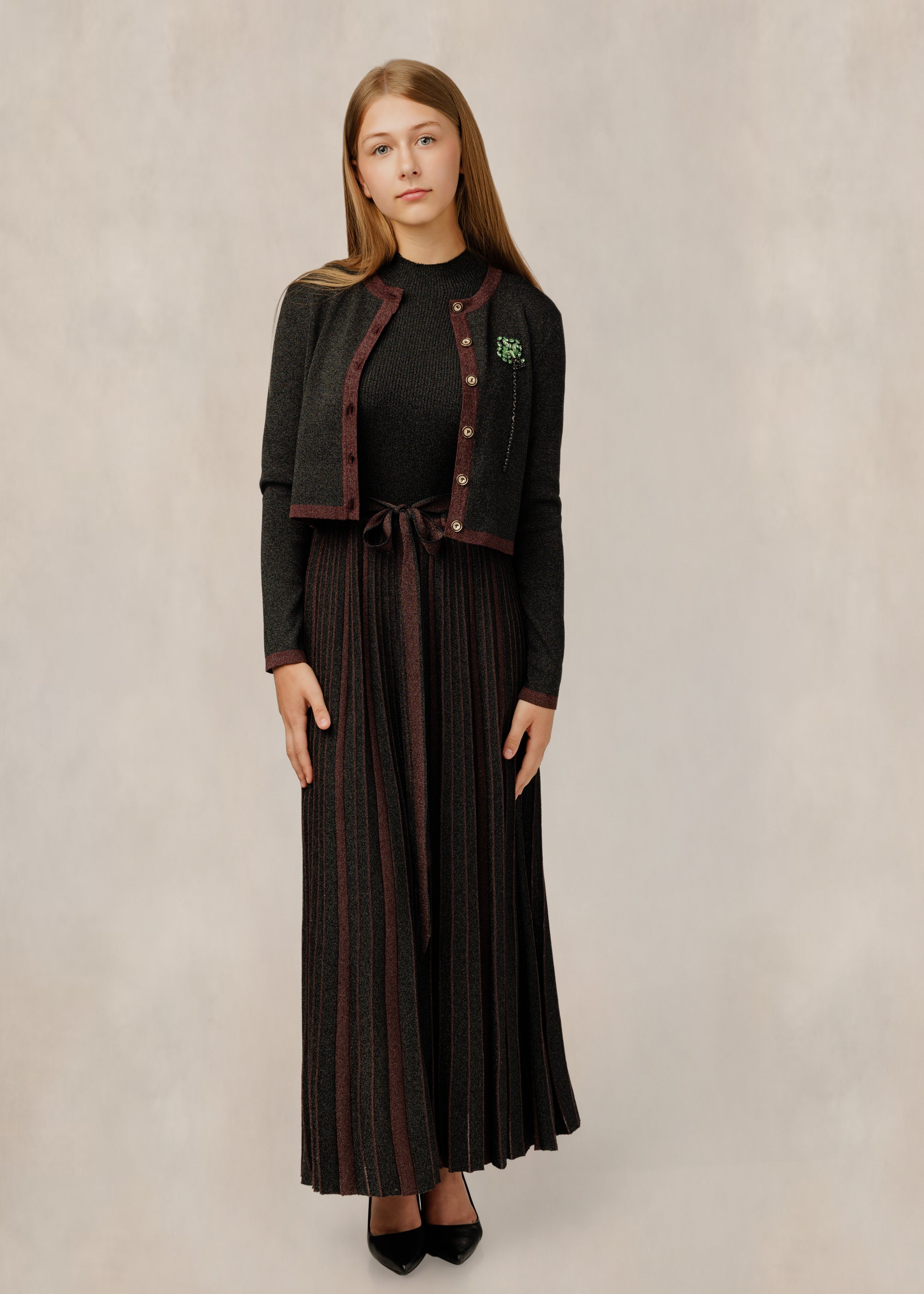 Pleated Knit Dress W/ Contrast Trim Cardigan