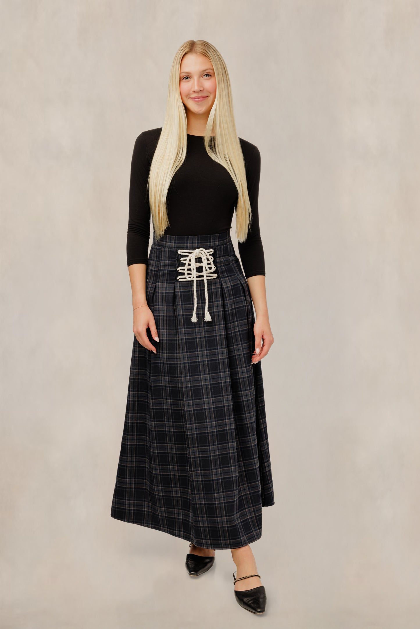 Navy Plaid Lace-Up Skirt