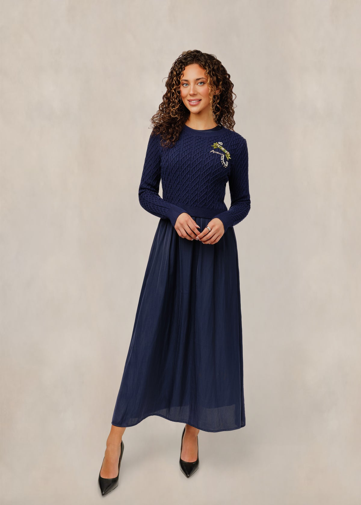 Solid Navy Flowy Dress W/ Knit Overlay