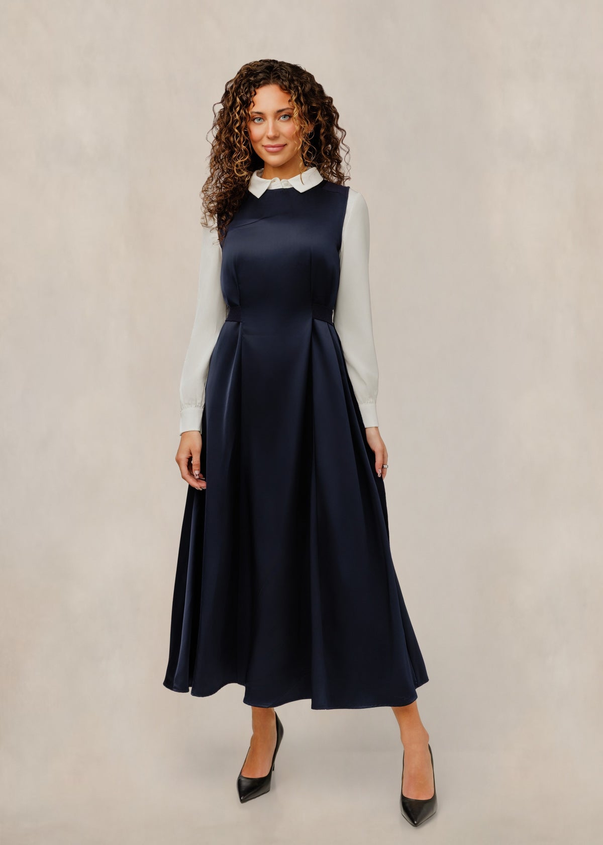 Satin A-Line Jumper W/ White Blouse - Navy