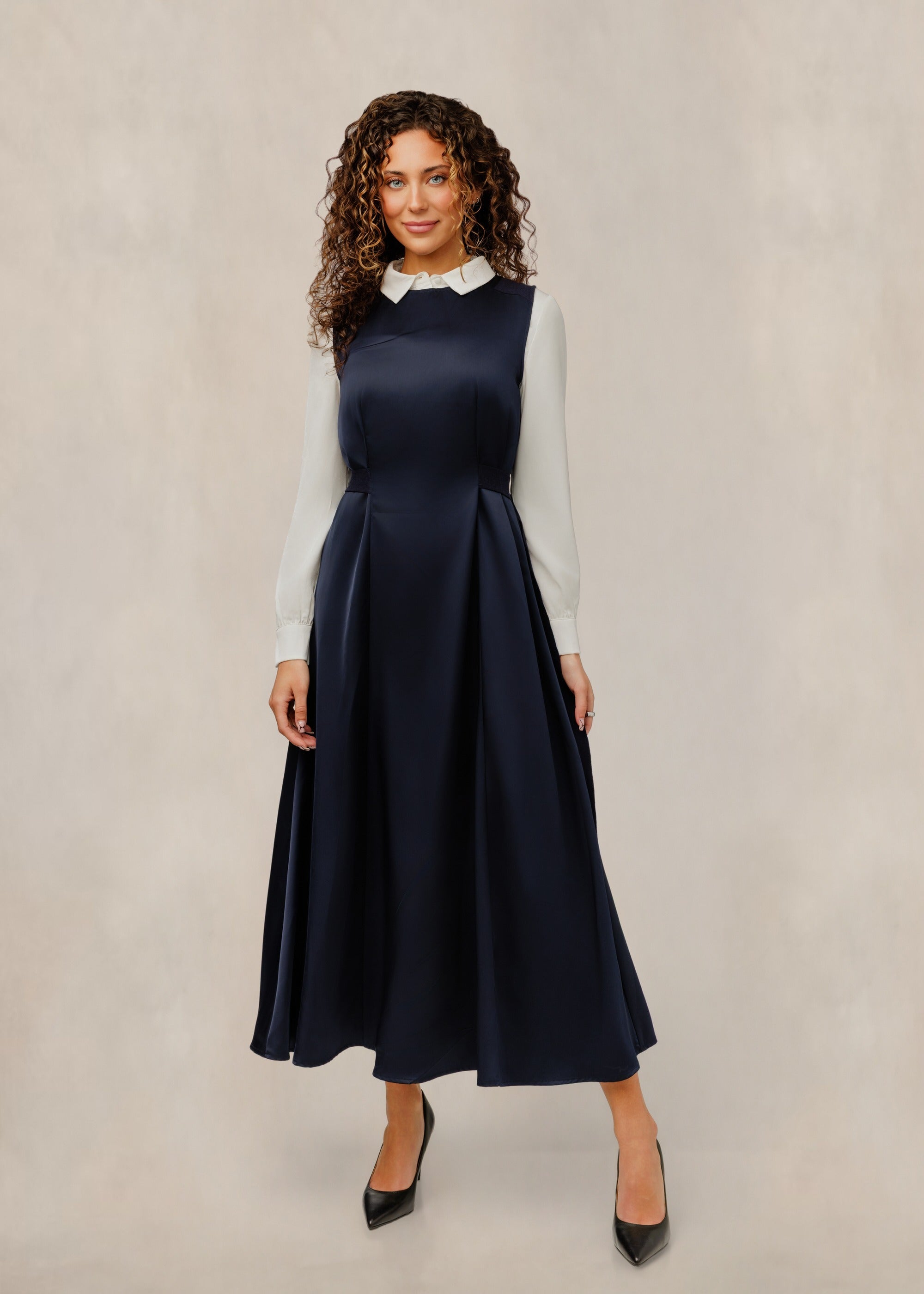 Satin A-Line Jumper W/ White Blouse - Navy