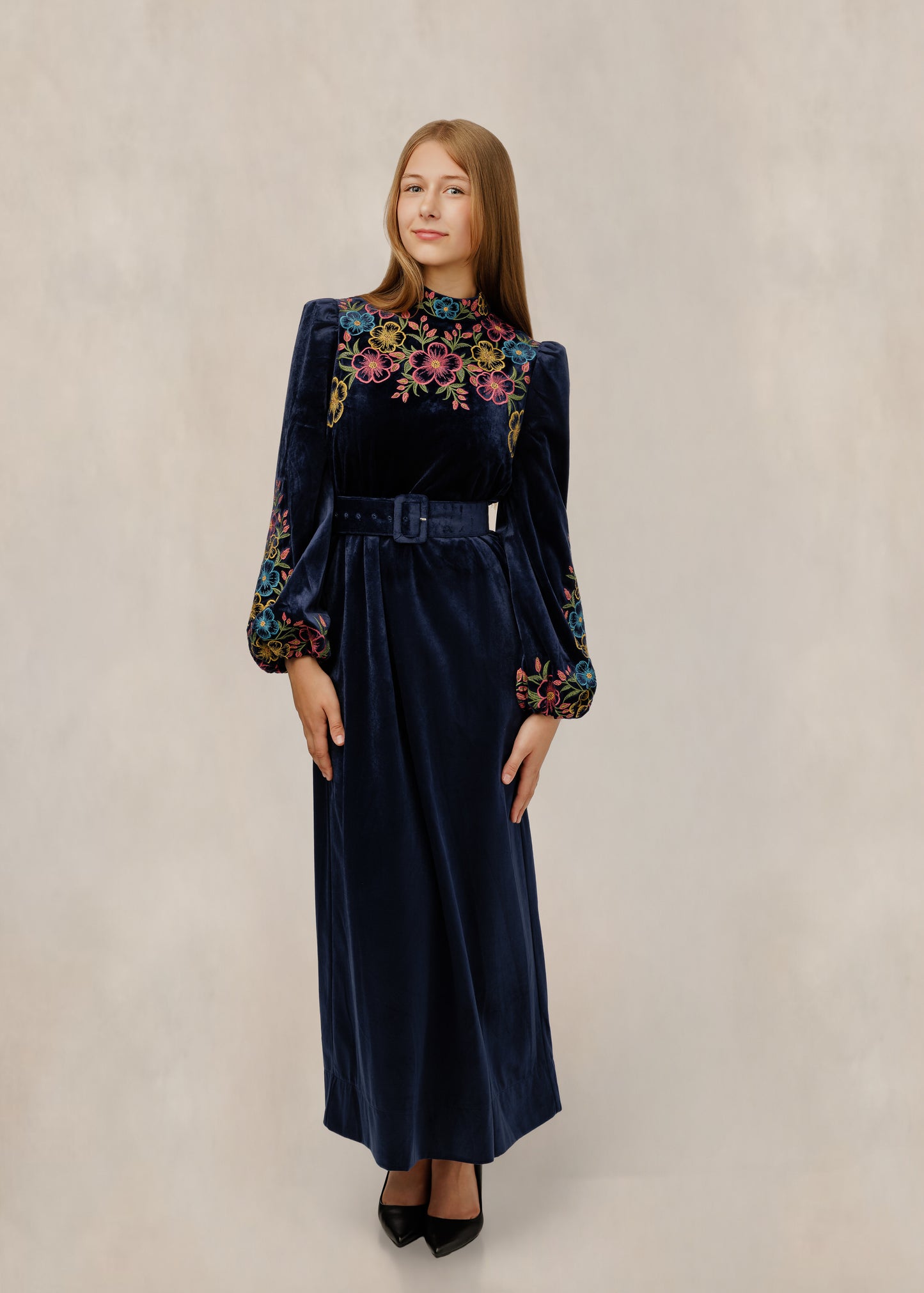Navy Velvet Embroidered Dress W/ Belt And Bell Sleeves