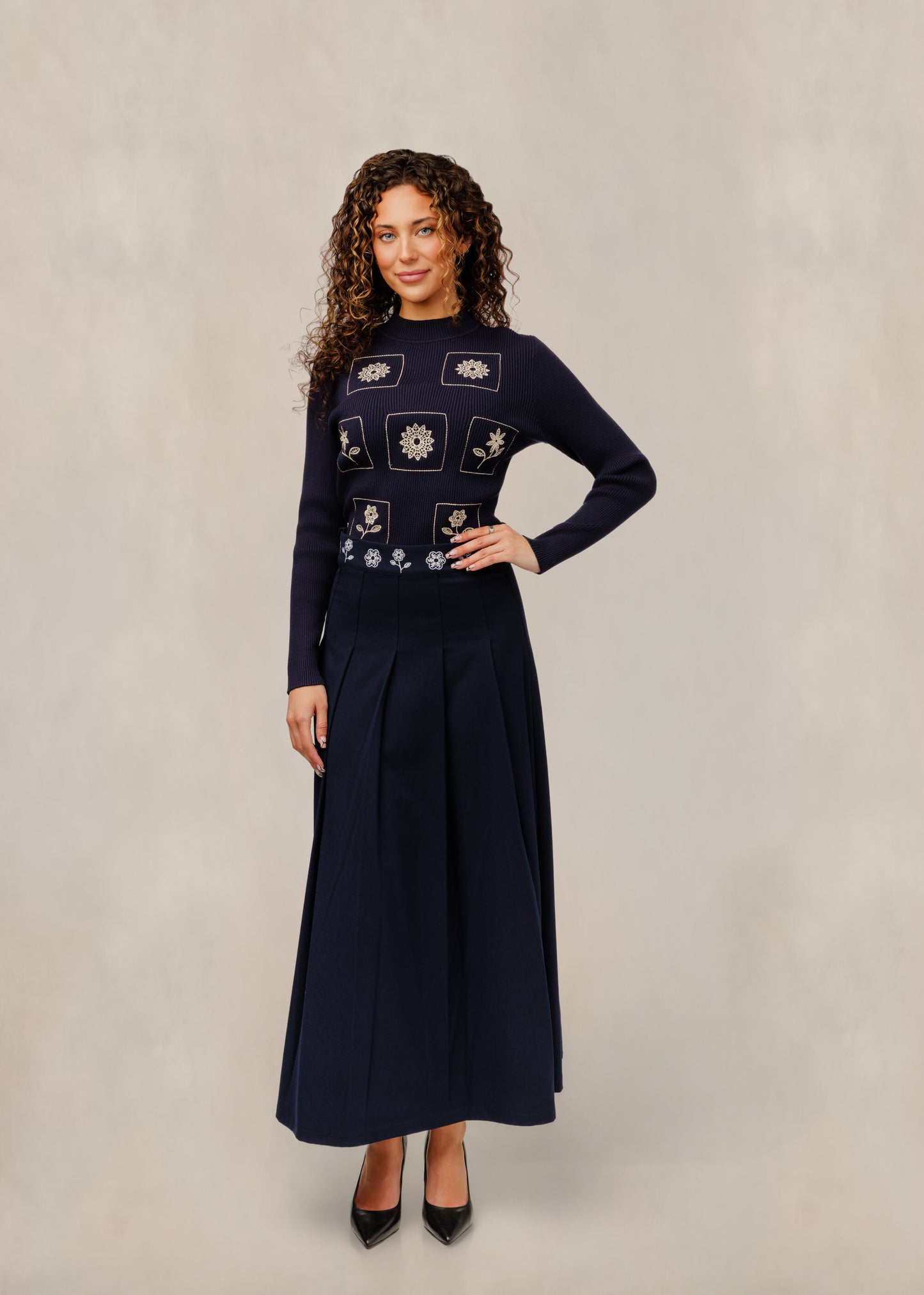Pleated Skirt W/ Floral Embroidered Waist - Navy