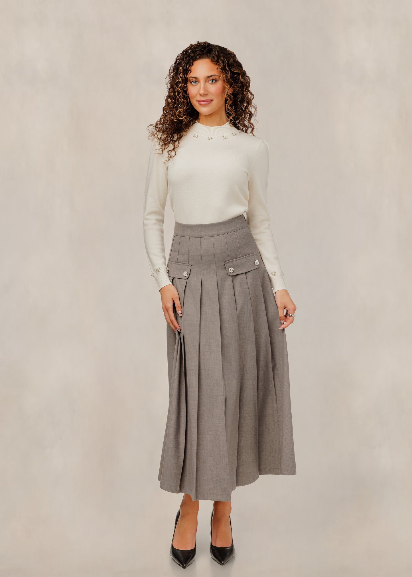 Ivory Knit Top W/ Beaded Neckline & Cuff