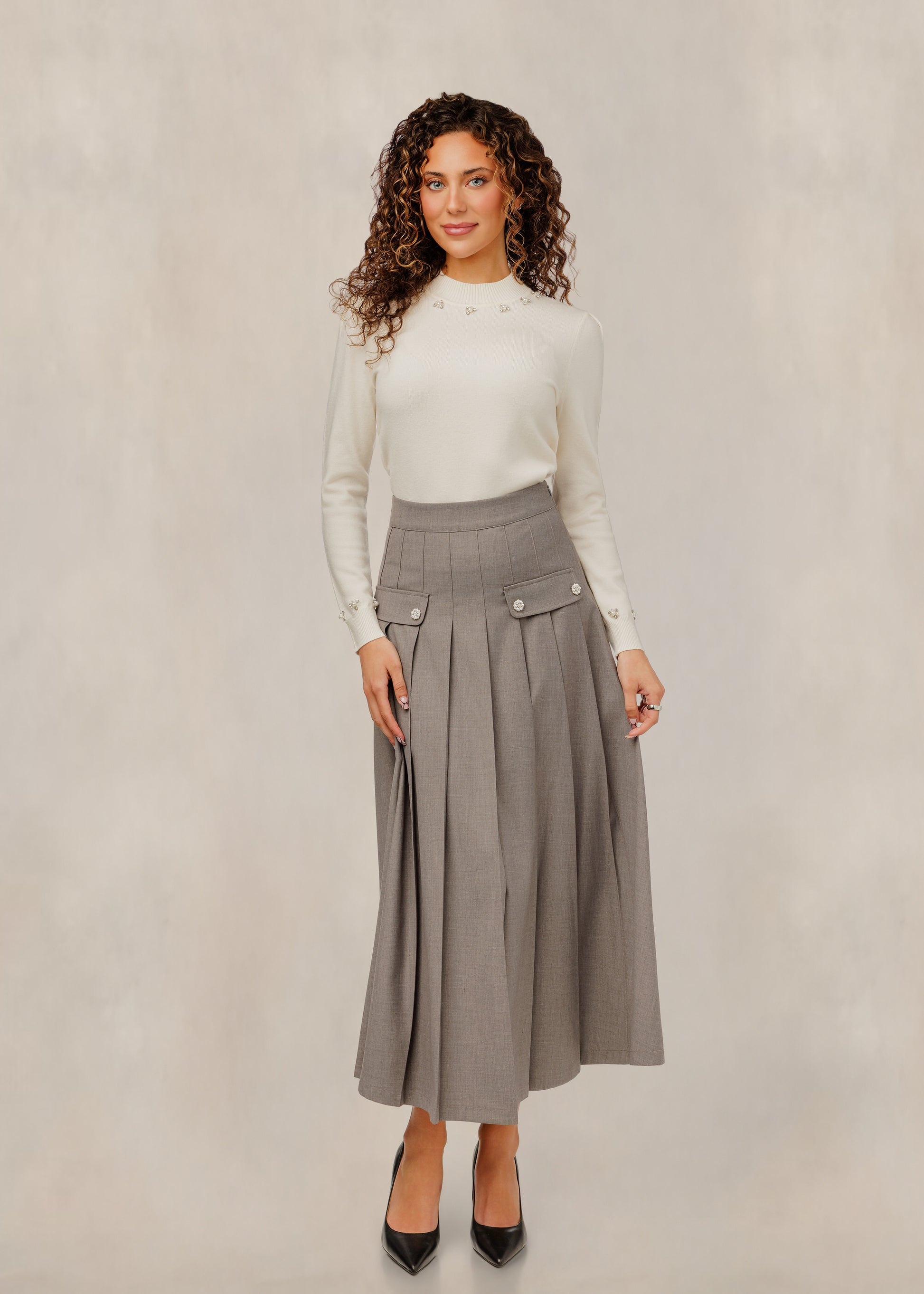Ivory Knit Top W/ Beaded Neckline & Cuff