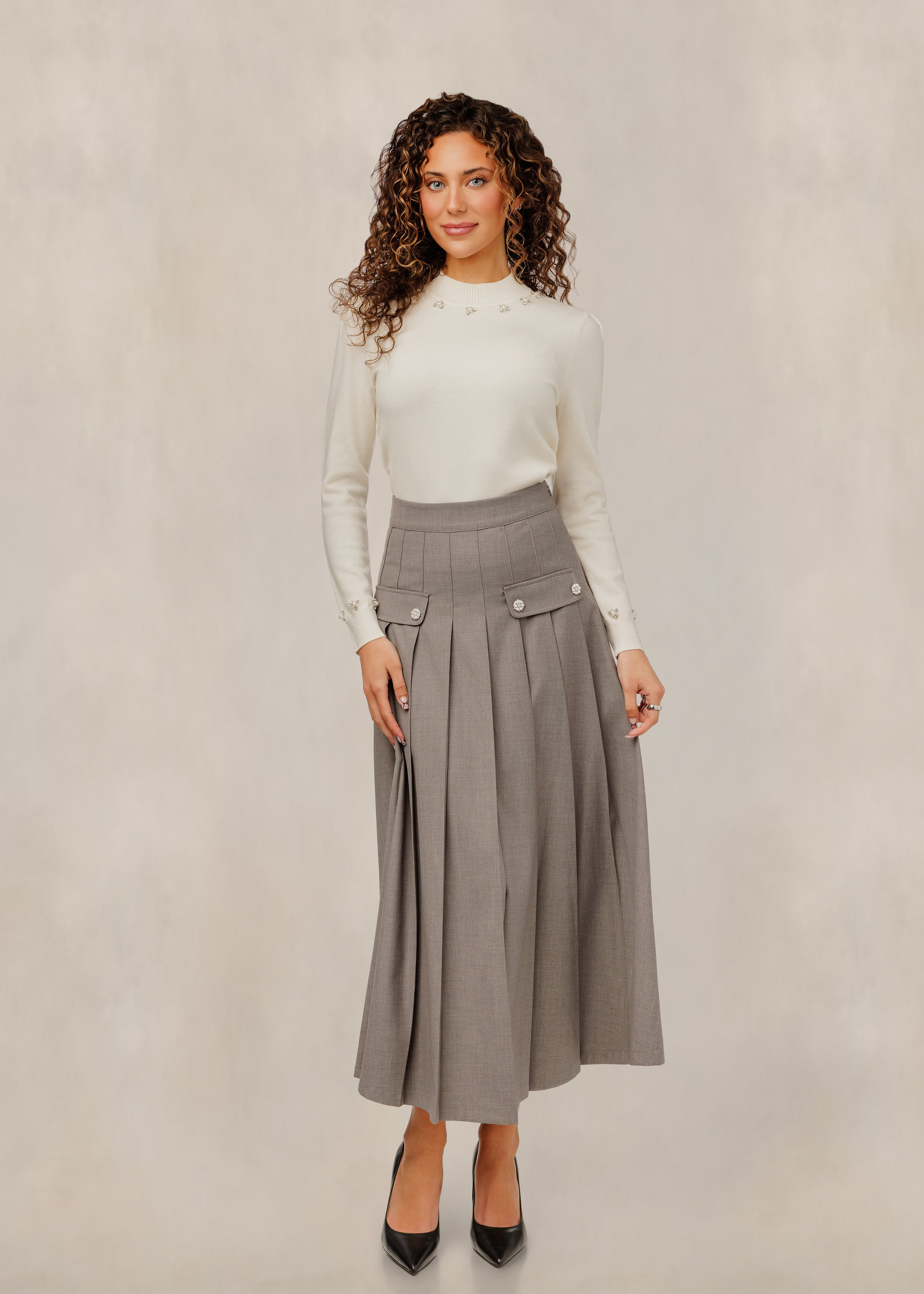 Ivory Knit Top W/ Beaded Neckline & Cuff