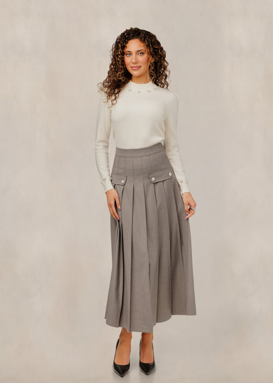 Stone Pleated Skirt W/ Pocket Flap