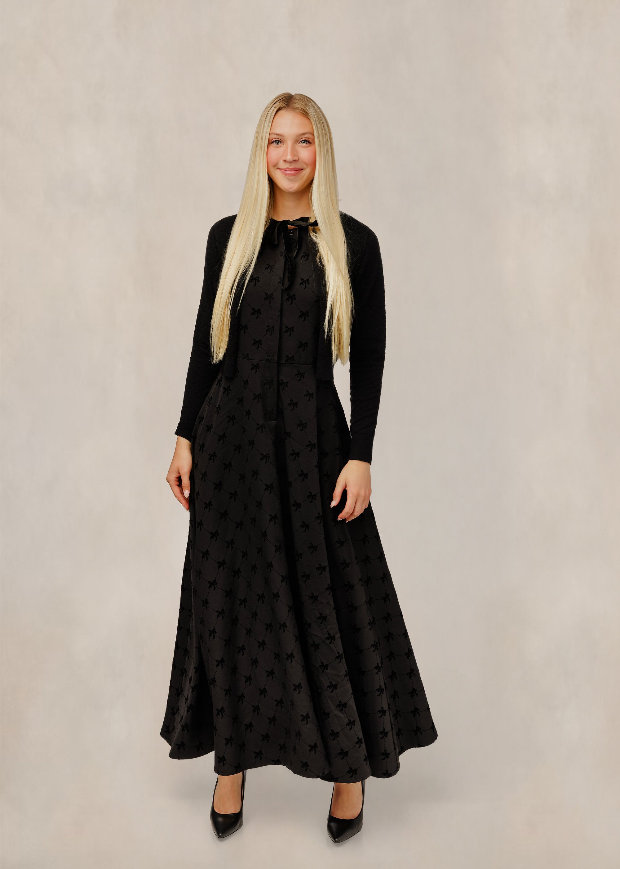 Black Velvet Bow Pattern Dress W/ Tie Neck Cardigan