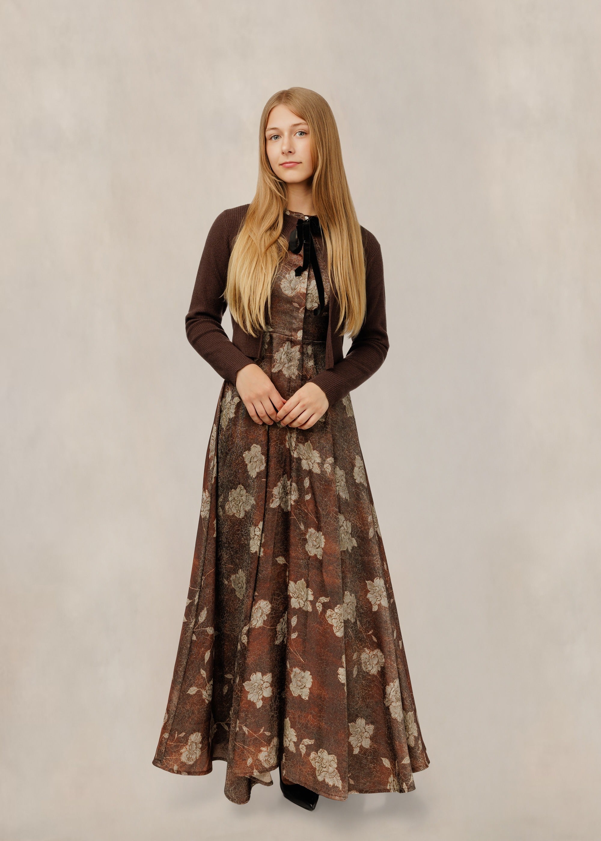 Brown Floral Dress W/ Knit Top & Bow Tie Neck