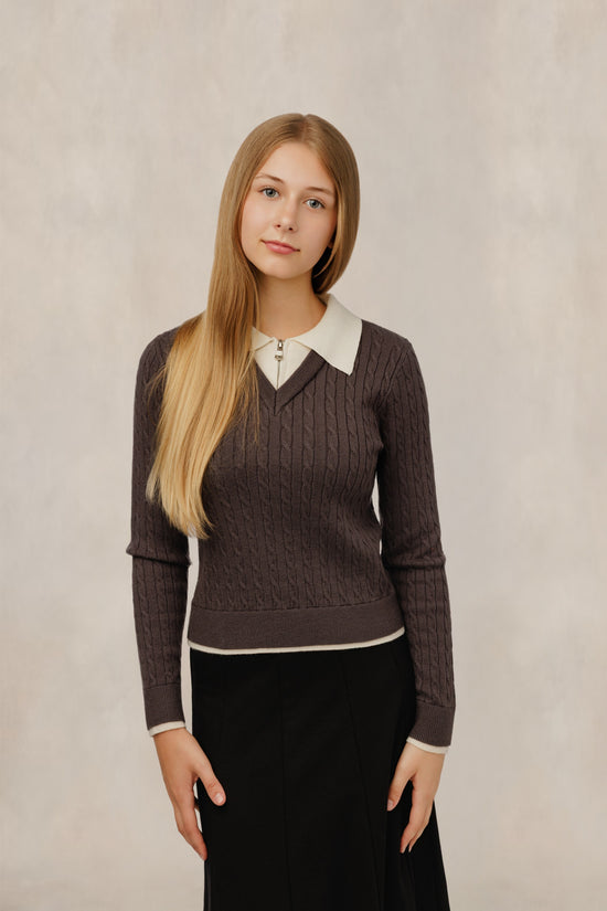 Brown Cable Knit V-Neck Top W/ Ivory Zip Collar