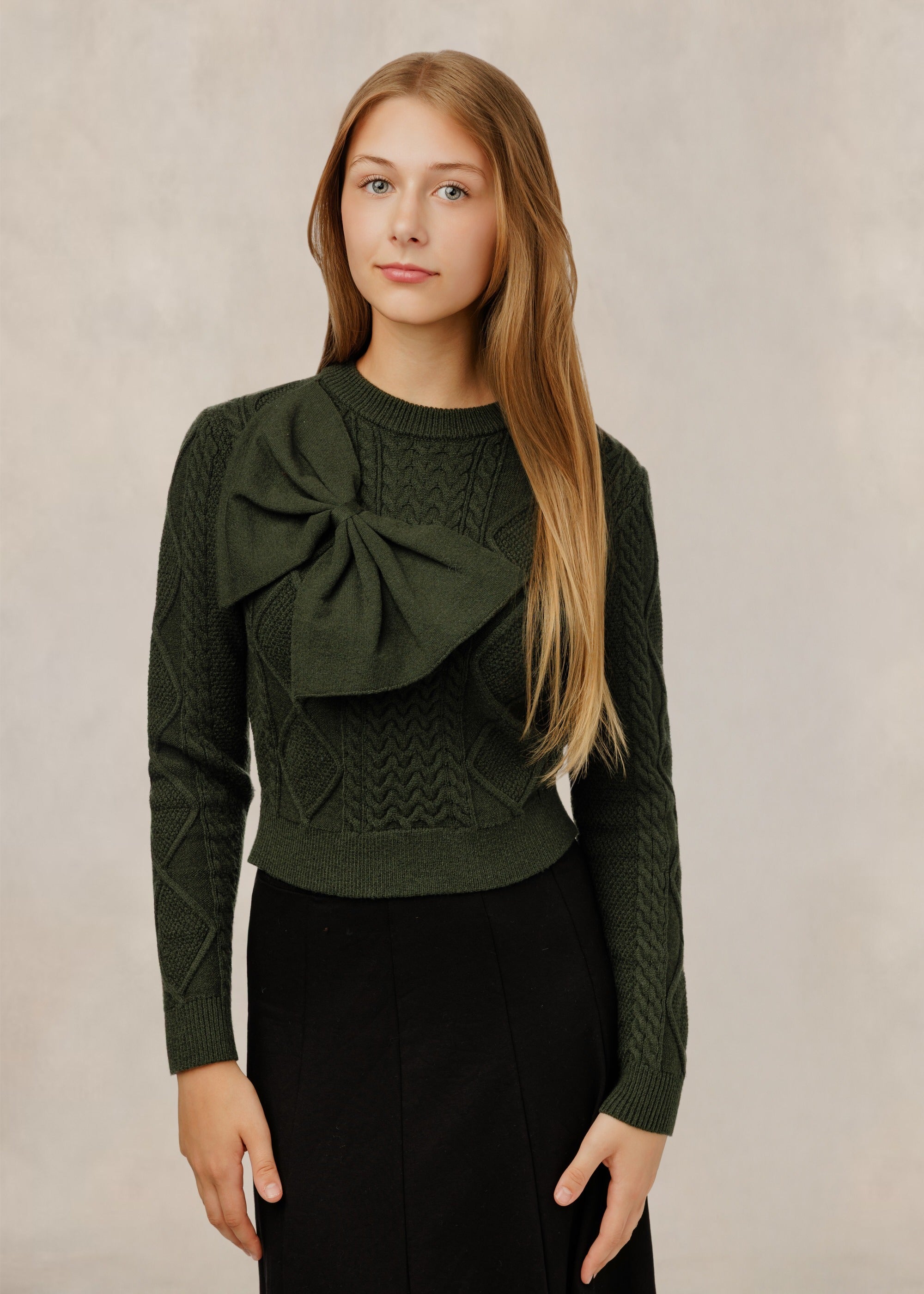 Green Bow Detail Textured Sweater