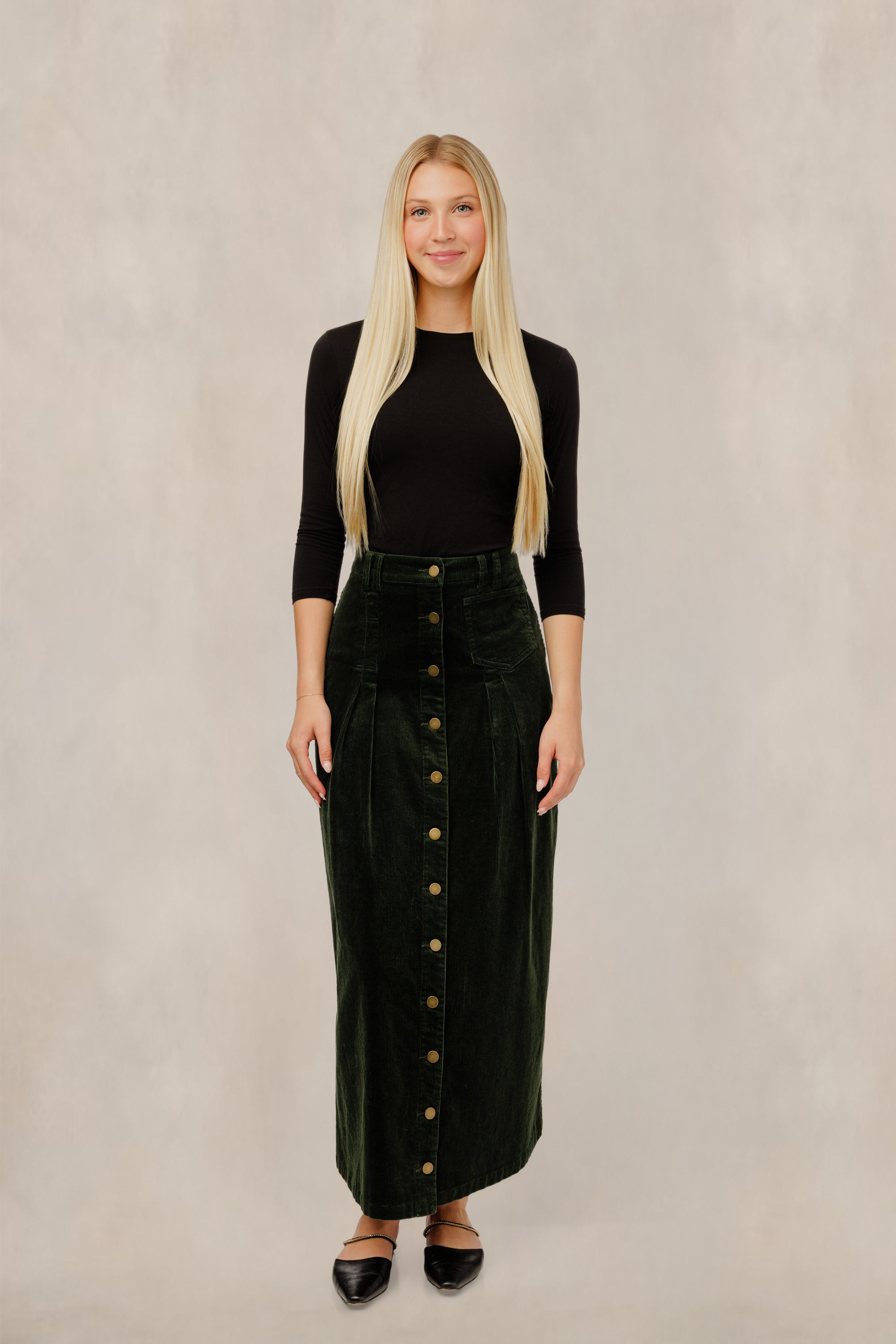 Green Corduroy Button Down Column Skirt