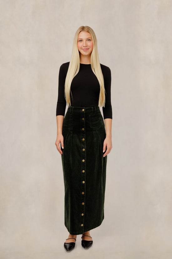 Green Corduroy Button Down Column Skirt