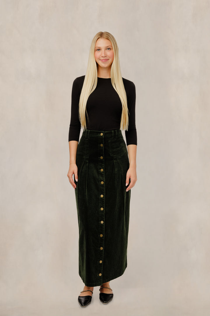 Green Corduroy Button Down Column Skirt