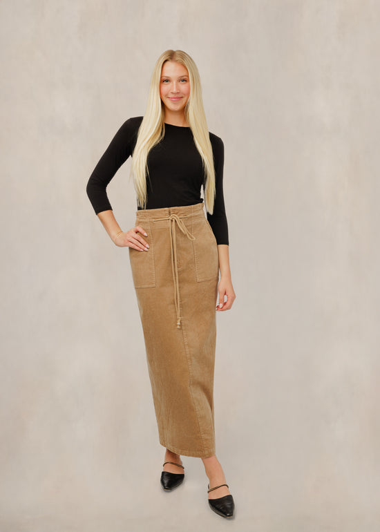 Corduroy Drawstring Column Skirt - Caramel