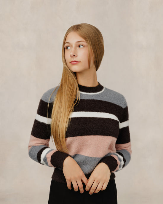 Fuzzy Slate & Pink Striped Sweater