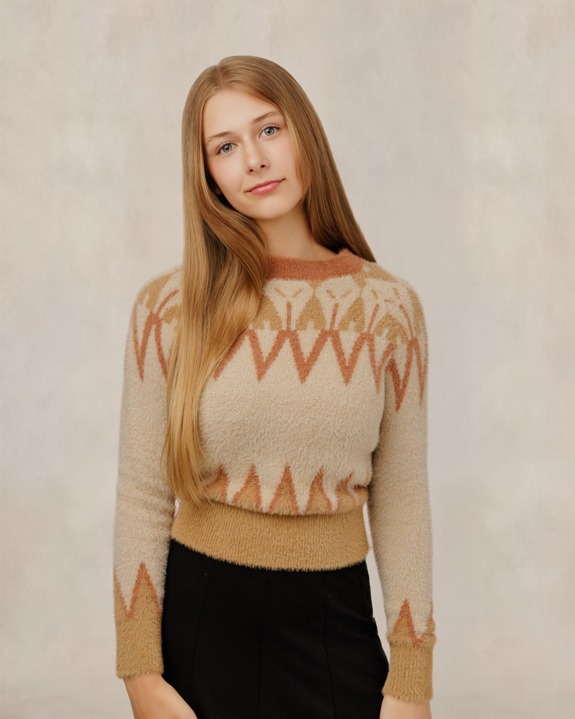 Beige & Orange Fuzzy Zig-Zag Sweater